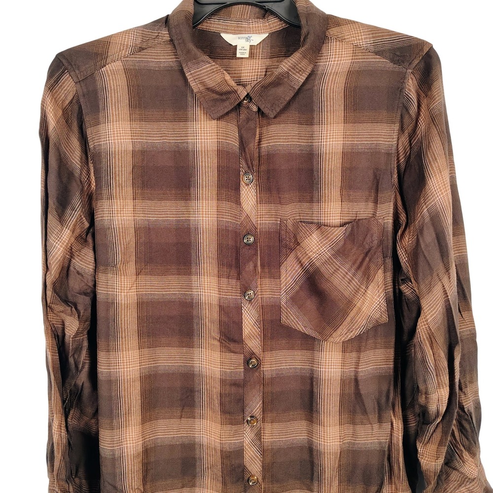 NWT Terra & Sky Womens 1X Plaid Button Down Shirt Brown Viscose Cabincore